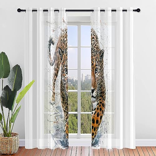 Highdi Voile Vorhänge mit Ösen 2er Set, Transparente Gardinen für Wohnzimmer Ösenschal Halbtransparent Ösenvorhang für Moderne Schlafzimmer (W132 x H244 cm,Leopardenmuster 1) von Highdi