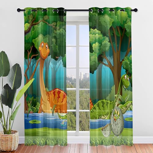 Highdi Voile Vorhänge mit Ösen 2er Set, Transparente Gardinen für Wohnzimmer Ösenschal Halbtransparent Ösenvorhang für Moderne Schlafzimmer (W140 x H213 cm,Dinosaurier 5) von Highdi