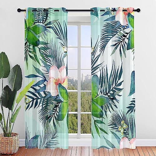 Highdi Voile Vorhänge mit Ösen 2er Set, Transparente Gardinen für Wohnzimmer Ösenschal Halbtransparent Ösenvorhang für Schlafzimmer Kinderzimmer (W132 x H213 cm,Tropische Pflanzen) von Highdi