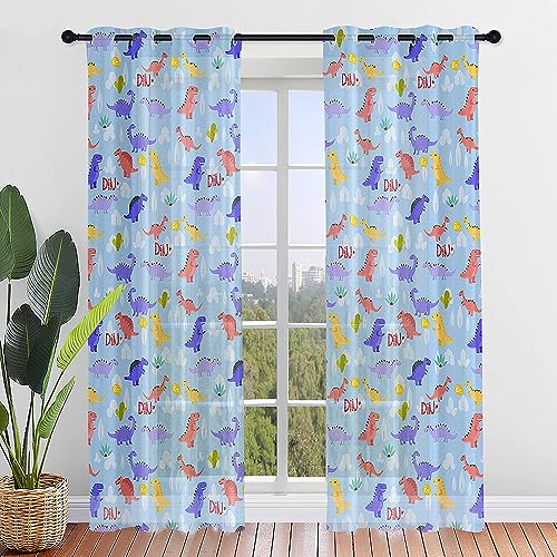 Highdi Voile Vorhänge mit Ösen 2er Set, Transparente Gardinen für Wohnzimmer Ösenschal Halbtransparent Ösenvorhang für Schlafzimmer Moderne Übergardinen Ösen (Niedlicher Dinosaurier 6,160x115cm) von Highdi