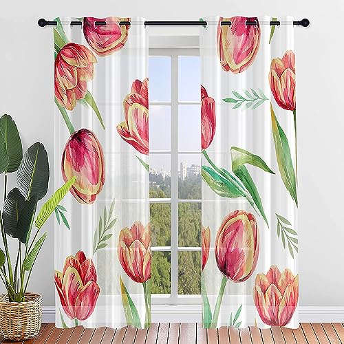 Highdi Voile Vorhänge mit Ösen 2er Set, Transparente Gardinen für Wohnzimmer Ösenschal Halbtransparent Ösenvorhang für Schlafzimmer Moderne Übergardinen Ösen (Tulpe D,214x244cm) von Highdi