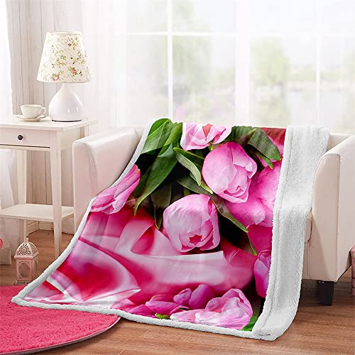 Highdi Wohndecke Flauschige Kuscheldecke Tulpe Drucken Zweiseitige Fleece Decke, Weiche Warm Fleecedecke als Sofaüberwurf, Tagesdecke oder Wohnzimmerdecke (Rosa Tulpe,100x150cm) von Highdi