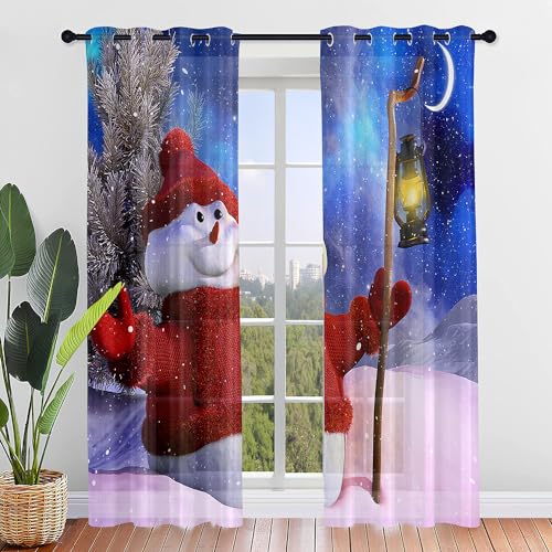 Highdi Xmas Voile Vorhänge mit Ösen 2er Set, Transparente Gardinen für Wohnzimmer Ösenschal Halbtransparent Ösenvorhang für Moderne Schlafzimmer (W80 x H115 cm,Schneemann 2) von Highdi