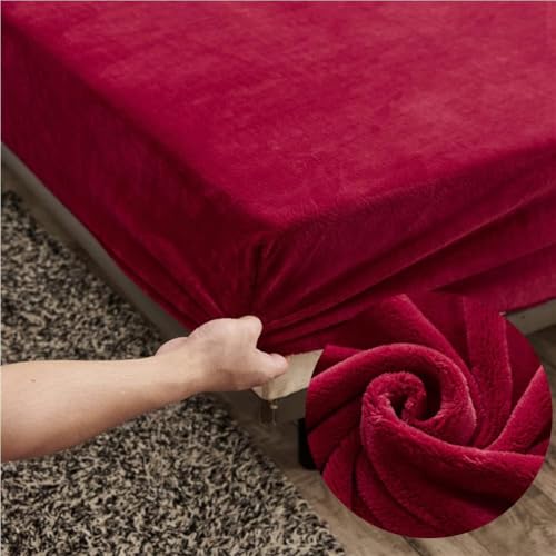 Samt Spannbettlaken 120x200 cm Warm Winter Frottee Spannbetttücher, Highdi Microfleece Flausch Weinrot Spannbetttuch 120 x 200 Boxspringbett Bettlaken für Hohe Matratze Steghöhe 25-30cm von Highdi