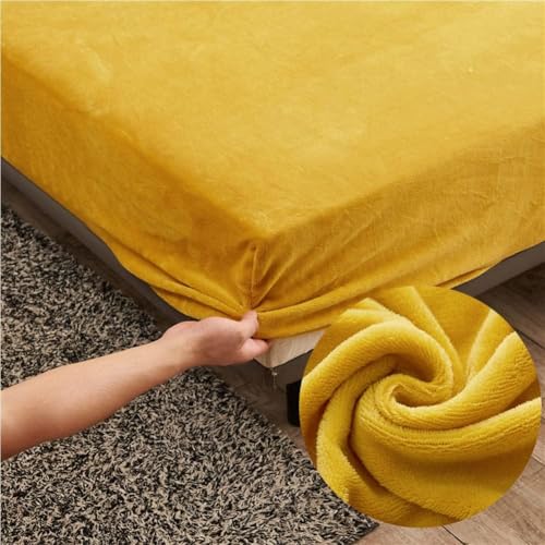 Samt Spannbettlaken 140x200 cm Warm Winter Frottee Spannbetttücher, Highdi Microfleece Flausch Gelb Spannbetttuch 140 x 200 Boxspringbett Bettlaken für Hohe Matratze Steghöhe 25-30cm von Highdi