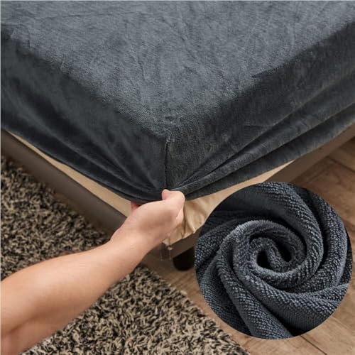 Samt Spannbettlaken 90x200 cm Warm Winter Frottee Spannbetttücher, Highdi Microfleece Flausch Dunkelgrau Spannbetttuch 90 x 200 Boxspringbett Bettlaken für Hohe Matratze Steghöhe 25-30cm von Highdi