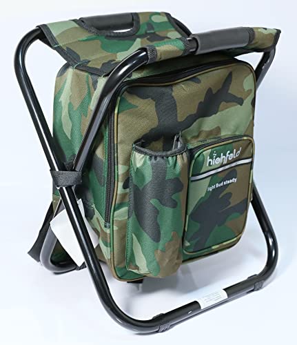 Highfeld® Sitzrucksack | Tragbarer 2-in-1 Camping Hocker | 36 x 29 x 41 cm | Eingebaute Kühltasche | Faltbarer Outdoor Hocker für Festival, Camping-Ausflüge und den Strand | Camouflage von Highfeld