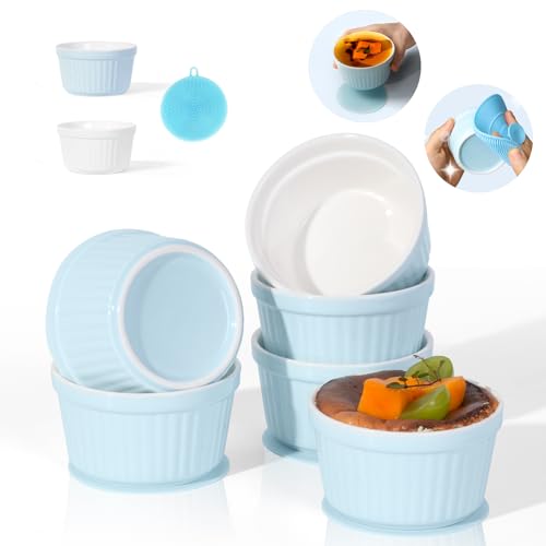 Highkit Creme Brulee Schälchen 6 Stück, 9 cm - 200 ml Souffle Förmchen Backofenfest, Souffleeförmchen Thermomix, Creme Brulee Schalen, Keramikförmchen Ofenfeste Förmchen, Ragout Fin Schalen,Blau von Highkit