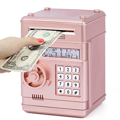 Highttoy Spardose für Kinder ab 3 Jahre,Elektronische Spardose Tresor Kinder Sparschwein mit Code ATM Saving Bank Geldautomat Sparbox Spielzeug Geschenk Mädchen Roségold von Highttoy