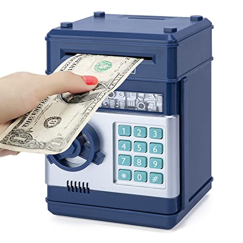 Highttoy Tresor Kinder 3-12 Jahre,Elektronische Spardose Kinder Tresor mit Code Geldautomat Sparbox ATM Saving Bank Passwort Sparschwein Sparkasse Sparbüchse Geschenke Jungen Dunkelblau von Highttoy