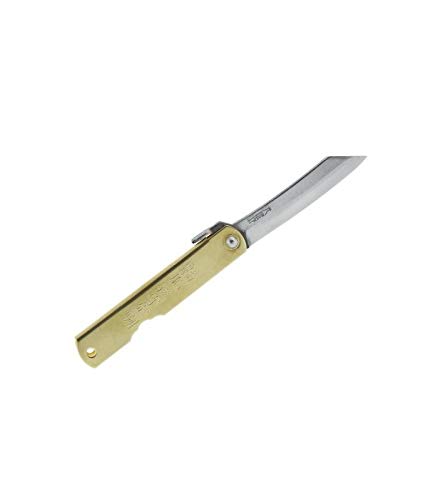 HIGO NO KAMI Higonokami 916 Messer mit Klinge aus Karbonstahl San Mai Aogami (3-lagig laminiert), Griff 10 cm, Messing, Gelb von Belvina