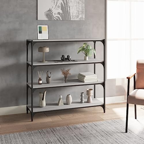 Higsose 100x33x100 cm Bücherregal Holzwerkstoff und Stahl Regal Schmal Metallregal Standregal Holz Offenes Regal Vielseitige Regal Standregal Bücherregal Wohnzimmer Möbel Holzregal Grau Sonoma von Higsose