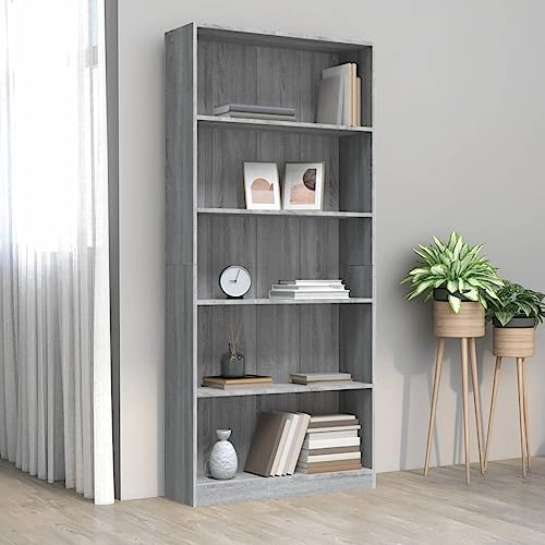 Higsose Bücherregal 5 Fächer Grau Sonoma-Eiche 80x24x175 Holzwerkstoff Offenes Regal Standregal Bücherregal Vielseitige Regal Sideboard Wohnzimmer Vitrinenschrank Wohnzimmer Möbel Bücherregal Holz von Higsose