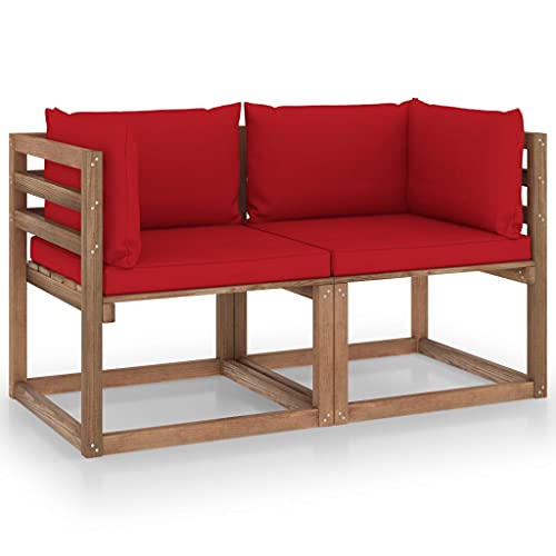 Higsose Garten Sofagarnitur 2 TLG 64x64x70cm Rot,Imprägniertes Kiefernholz,Stoff,Loungemöbel,Sitzgruppe Garten,Palettensofa Outdoor,Modulares Sofa,Balkonmöbel Kleiner Balkon,Ecksofa von Higsose