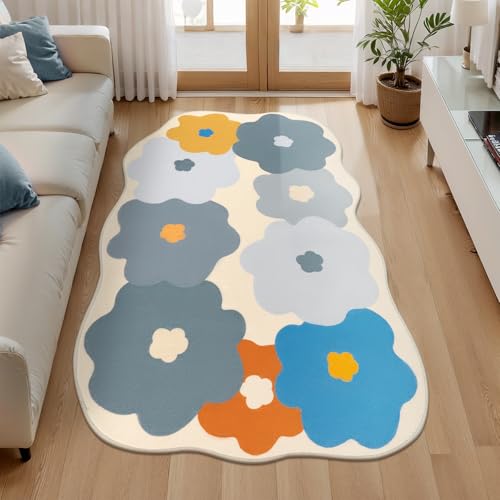 Dekorativer Teppich, gewelltes Blumendesign, rutschfeste Innenmatte, waschbare Teppiche für Schlafzimmer, Kinderzimmer, Wohnzimmer, Badezimmer (Beige und Grau, 90 x 150 cm) von HiiARug