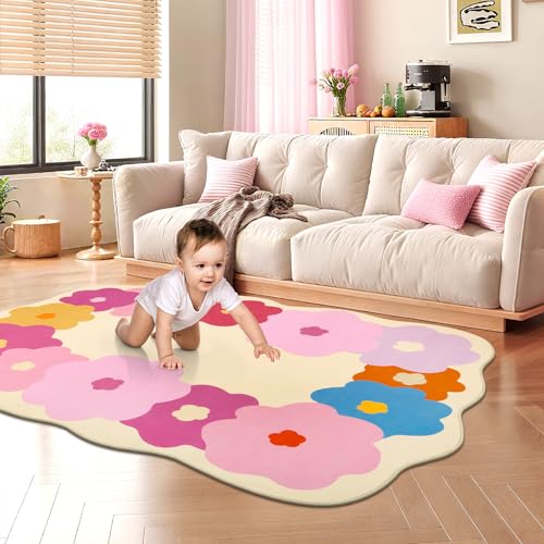 HiiARug Teppich mit unregelmäßigem Blumenmuster, 12,7 x 17,8 cm, Beige und Rosa, waschbar, rutschfeste Gummi-Unterseite, weicher Boden-Teppich für Wohnzimmer, Schlafzimmer, Kinderzimmer, Esszimmer von HiiARug