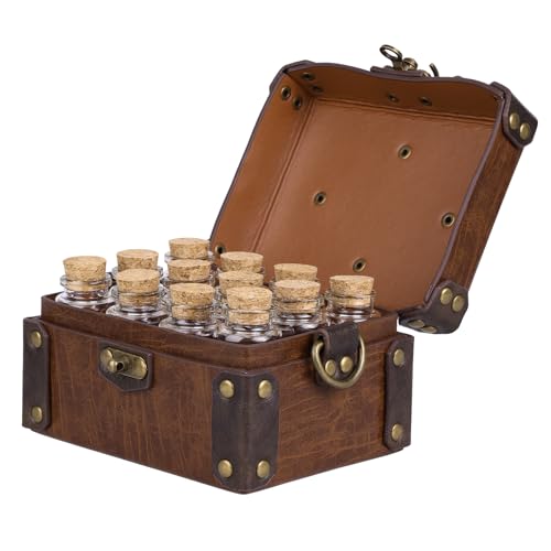 HiiFeuer Mittelalterliche Kunstleder Alchemiekiste mit 12 Kork Elixierfläschchen，Fantasie Trageumhängetasche, Schmuckbox & DnD，LARP & Geschenk (Braun A) von HiiFeuer