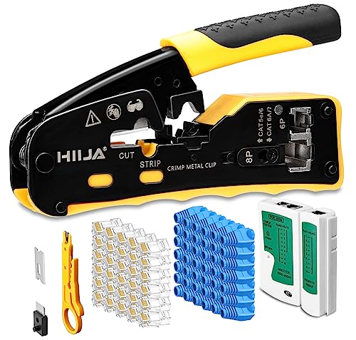 Hiija RJ45 Crimpzangen-Set, Durchgangs-Ethernet-Crimpwerkzeug, All-in-One-Ratsche, modulares Datenkabel-Crimper-Kit von Hiija