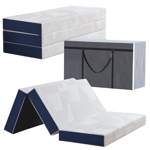 Hiimgo Faltmatratze 120 x 195 x 15 cm, 4-teilig Klappbar - Faltbare Klappmatratze mit abnehmbarem Bezug, Gästematratze für Reisen Camping Gästebett (Weiß & Blau) von Hiimgo