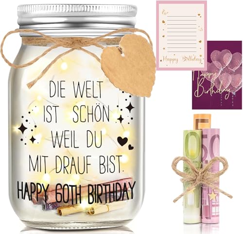 Hiipeefeel 60 Geburtstag Frau, LED Flaschenlicht, Geldgeschenke Verpackung Geburtstagsgeschenk für Frauen Beste Freundin Mama Oma Schwester Tante Familie von Hiipeefeel