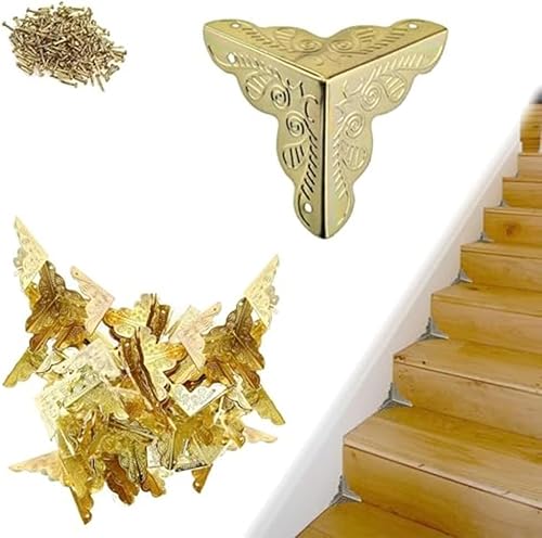 Hikaka Treppenstaubecken für Holzstufen, Vintage, dekorativ, 100 Stück, antike Staubecken für Treppen, 25 mm Kantenschutz mit Schrauben, Anti-Kollisions-Ecken-Sicherheitsschutz, Vier Ecken (Gold) von Hikaka