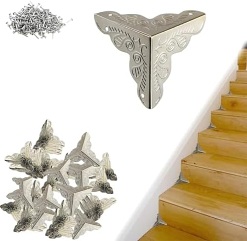 Hikaka Treppenstaubecken für Holzstufen, Vintage, dekorativ, 100 Stück, antike Staubecken für Treppen, 25 mm Kantenschutz mit Schrauben, Anti-Kollisions-Ecken-Sicherheitsschutz, Vier Ecken (Silber) von Hikaka