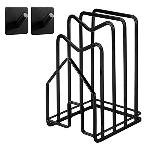 Hikinlichi Schneidebrett-Regal mit 2 selbstklebenden Haken, Küchenarbeitsplatte, Schneidebrett-Organizer, Ständer, Halterung, Töpfe, Pfannendeckel, 12 cm L x 14 cm B x 22 cm H Schwarz von Hikinlichi