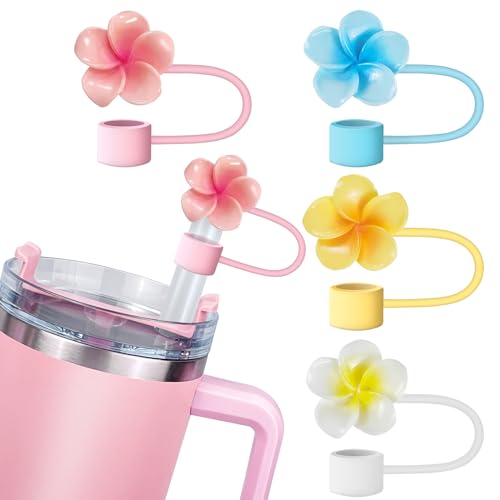 4 Stück Blumen Stanley Strohhalm-Abdeckung für 40/850 ml Becher - Sommer Silikon Kappe, Hawaii Topper Schutz Deckel - Zubehör Kompatibel mit Stanley Cup von Hikkcos