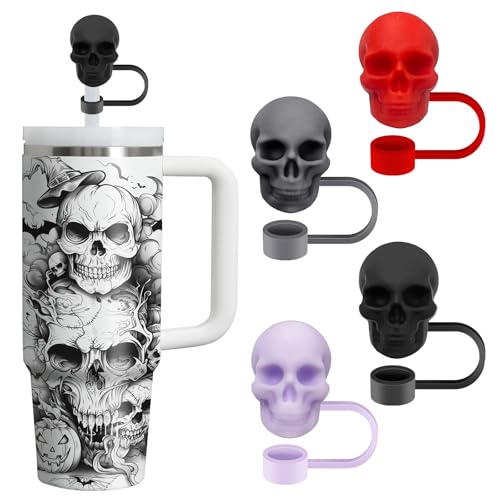 4 Stück Halloween Totenkopf Topper Goth Stroh Abdeckkappe für Stanley Tassen, staubdicht, wiederverwendbar, Stanley-Stroh-Topper, Trinkhalm-Abdeckungen, 850 ml, 1134 ml, passend für 10 mm Strohhalm, 4 Stück Halloween Totenkopf Topper Goth Stroh Abdeckkappe für Stanley Tassen, staubdicht, wiederverwendbar, Stanley-Stroh-Topper, Trinkhalm-Abdeckungen, 850 ml, 1134 ml, passend für 10 mm Strohhalm, von Hikkcos