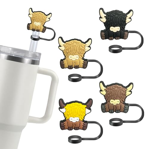 4 Stück Highland Cow Strohabdeckungen Kappe für Stanley Cup, 10 mm Strohabdeckungen, Kappe für Stanley Tumblers Zubehör von Hikkcos
