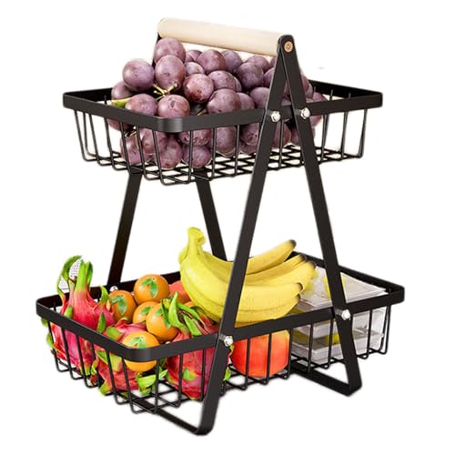 Hikrxya 2 Stöckig Obstkorb Etagere Schwarz - Obstschale Etagere mit Holzgriff - 2 Stöckig Metall Obstschale Küche - Abnehmbar Obst Halter Aufbewahrung für Brot Gemüse Snacks von Hikrxya