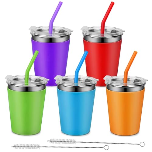 Hikrxya 5 Stück Edelstahl Trinkbecher mit Deckel und Strohhalmen, 350 ml Edelstahlbecher Kinder Wiederverwendbarer, Trinklernbecher Edelstahl Unbreakable mit Silikonhülse für Kinder Erwachsene von Hikrxya