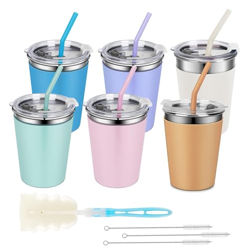 Hikrxya 6er Set Edelstahl Trinkbecher mit Deckel und Strohhalmen, 350 ml Edelstahlbecher Kinder Wiederverwendbarer, Trinklernbecher Edelstahl Unbreakable mit Silikonhülse für Kinder Erwachsene von Hikrxya
