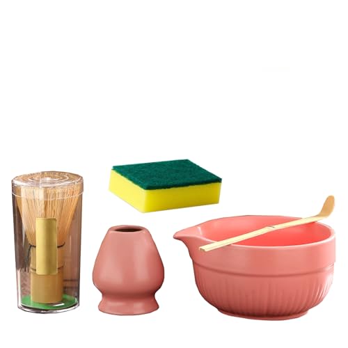 5 Stück Matcha Set, Matcha Besen, Matcha Schale, Matcha Set Rosa, Matcha Tee Set für die Zubereitung von Milchkaffee, und Schüssel mit löffel & Sieb von Hiksee