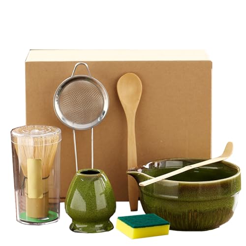 7 Stück Matcha Set, Matcha Tee Set mit Matcha Besen, Edelstahlsieb, Matcha Schale, 2 Matcha Löffel, Besenhalter aus Keramik, Scheuertuch, Geschenk für Matcha-Liebhaber von Hiksee