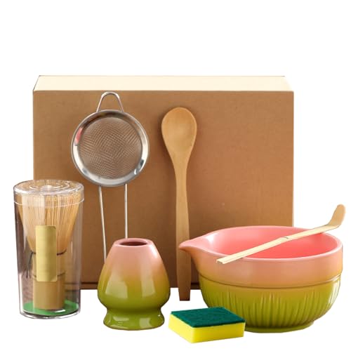 7 Stück Matcha Set, Matcha Tee Set mit Matcha Besen, Edelstahlsieb, Matcha Schale, 2 Matcha Löffel, Besenhalter aus Keramik, Scheuertuch, Geschenk für Matcha-Liebhaber von Hiksee