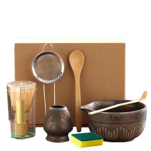 7 Stück Matcha Set, Matcha Tee Set mit Matcha Besen, Edelstahlsieb, Matcha Schale, 2 Matcha Löffel, Besenhalter aus Keramik, Scheuertuch, Geschenk für Matcha-Liebhaber von Hiksee