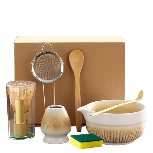 7 Stück Matcha Set, Matcha Tee Set mit Matcha Besen, Edelstahlsieb, Matcha Schale, 2 Matcha Löffel, Besenhalter aus Keramik, Scheuertuch, Geschenk für Matcha-Liebhaber von Hiksee