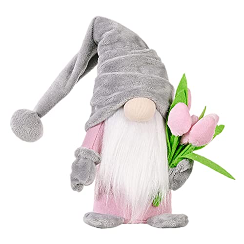 Frühlingswichtel,Stehende Niedliche Wichtel mit tulpen Blumensträuße Süßer Zwerg Wichtel Figuren Geschenk für Frauen Mama Hochzeitstag Freundin Ehefrau Muttertag Dankeschön Osterdekoration 37cm Grau von VOXIN