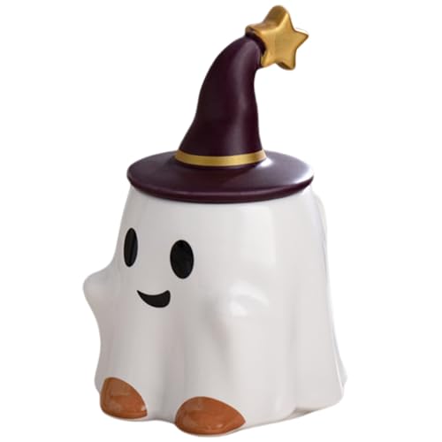 Geisterbecher, Kaffeetassen, Geisterbecher, Halloween-Tassen, 450 ml, Keramik-Geisterbecher mit Hexenhut-Deckel, niedliche Kaffeetasse für originelles Geschenk für Freunde, Smile Ghost von Hilai