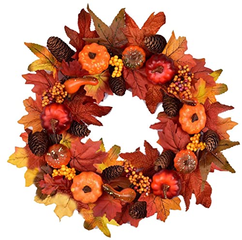 Herbstkranz Haustür Türkranz,Künstlicher Herbstkranz, Kürbiskranz, Thanksgiving -Kranz Fall Ahornkranz 14 Zoll Herbstkranz mit Ahornkürbis Kiefer Kegel Berry Ornament für Haustür Thanksgiving Dekor von Hilai