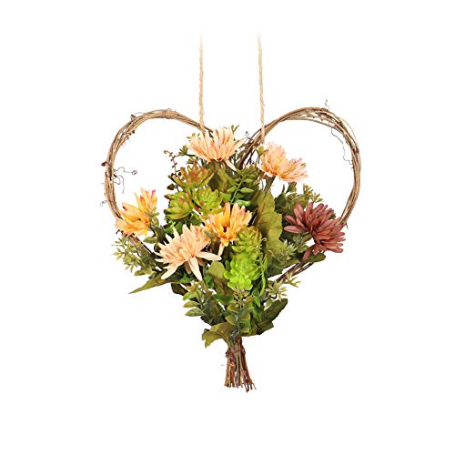 TüRkranz FrüHling,Türkranz Wandkranz, Frühlingskränze, Herz hängen Dekoration 25 cm Herbst Kranz Rattan Chrysantheme Blumen Künstliches hängendes Herz Blumengirlande für Tür Wanddekoration von Hilai