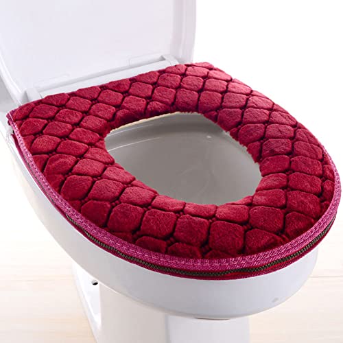 Hilai WC-Sitzbezug,Toilettensitzbezug, Toilette Sitzbezug Pads, Weiche Toilette Sitzkissen Wärmer Waschbare Toilette Sitzbezug Pads mit Reißverschluss Wiederverwendbares Kissen für Winter rot von Hilai