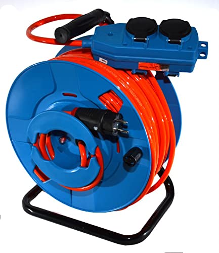 Hilark Garten-Elektrokabeltrommel, Rückspule, Kabeltrommel H07BQ-F 3g2,5 mm2, Schuko-Stecker und blau Schuko-Steckdosenblock, Klappsteckdose (25 meter, Orange) von Hilark cable tech