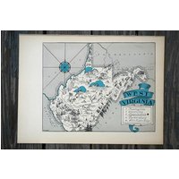 Antike West Virginia Karte Aus Den 1930Er Jahren, Rustikale State Wanddekoration Antike West Virginia Karte Aus Den 1930Er Jahren, Rustikale State Wanddekoration von HildaLea