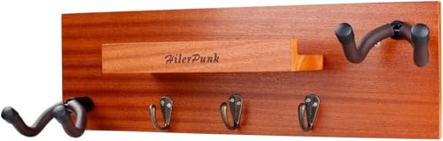 Gitarrenwandhalterung,Massivholz Gitarrenwandaufhänger mit 3 Aufbewahrungshaken und 2 drehbaren Gummi Gitarrenaufhängern,Gitarrenständer mit Ablage und Plektrum Halter von HilerPunk