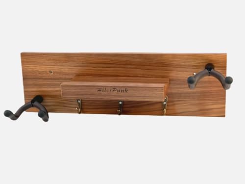 Gitarrenwandhalterung,Massivholz, Gitarrenwandaufhänger mit 3 Aufbewahrungshaken und 2 drehbaren Gummi Gitarrenaufhängern,Gitarrenständer mit Ablage und Plektrum Halter von HilerPunk