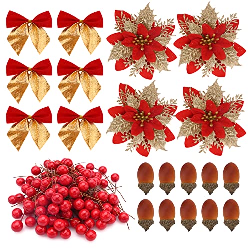 120 Stk Weihnachtskranz Zubehör Wasserdichte Beerenzweige Weihnachtsdekorationsset in Gold und Rot Weihnachtsblume Weihnachtsschleife Künstliche Beeren Eichel für Weihnachtsbaum Kranz Dekorationen von Hileyu