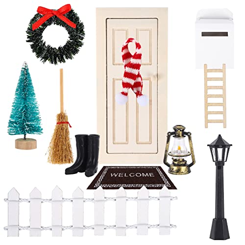 12pcs Wichteltür Zubehör,Wichtel-Tür-Weihnachtsset,Weihnachts Miniatur Nissedor,Wichtel Tür,Zaun Weihnachtsbaum Stiefel Laterne Teppich Briefkasten Kranz Holzleiter Weihnachten Deko von Hileyu