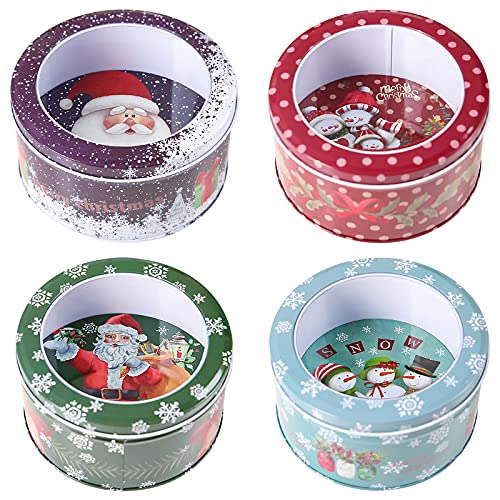 4 Stück Weihnachten Blechdose Weihnachtsdose aus Weißblech mit Fenster Runde Bonbon Box 7x14cm Weihnachtsplätzchen-Geschenkdosen Schneemann Weihnachtsmann Kleine Metalldose für Kekse Schokoladen Tee von Hileyu